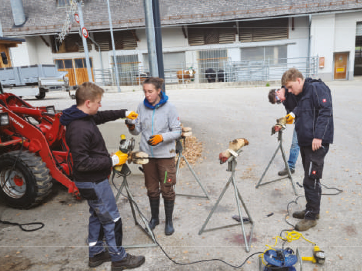 Teilnehmer üben an einer Klauenzange während der Ausbildung Klauenpflege.